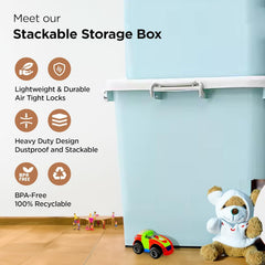 Homestic Storage Box with Lid and Double Side Handles | 80L Large Capacity | Dustproof and Stackable | Square Box for Storage Multipurpose | Storage Box Organizer for Clothes/Toys | Blue