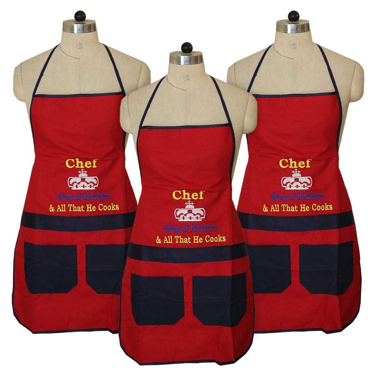 Kuber Industries Cotton Oil Resistant Cooking Kitchen Apron for Men & Women- Pack of 3 (Red)