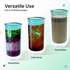 Kuber Industries 2 Pcs Double Walled Borosilicate Glass | High Thermal Resistance | Microwave & Dishwasher Safe | 240 ML | Pack of 1 | Green