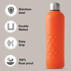 Kuber Industries Pack of 2 Vacuum Insulated Water Bottle | Stainless Steel Water Bottle | Hot & Cold Water Bottle | Leakproof, BPA Free, Rustproof | 750 ML | Orange