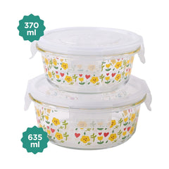 Urbane Home Pack of 2 Borosilicate Kitchen Containers set with Lid | Fridge Storage | Glass Containers with Lid | Microwave Safe | Leakproof | Airtight | Multipurpose | 370ml & 635ml |Transparent
