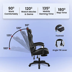 Kuber Industries Ergosmart PC Gaming Chairs with Wheels | Comes with Headrest, Lumbar Support Cushions & Footrest | Comfortable Chair for Long Sitting & Back Pain Relief | 2023-6F-BLK-Black