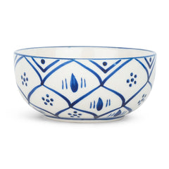 Kuber Industries Ceramic Food Bowl Set | Chini Mitti Bowl | Microwave Safe Ceramic Bowl | Ramen Soup Bowl | Blue Dots Floral Print - White