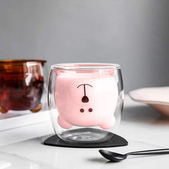 Kuber Industries 2 Pcs Cute Teddy Bear Cups | Borosilicate Double Wall Glass Cups | Microwave Safe | Heat Resistant | Scratch Proof | 250 ML | Pack of 1 | Pink