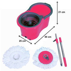 Kuber Industries Plastic Adjustable Mopping Set & 2 Microfiber Head Refill with Wheels Bucket and Auto Fold Handle for Floor Cleaning (Pink)