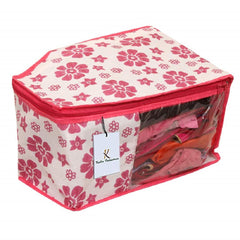 Kuber Industries Flower Design Non Woven 3 Piece Saree Cover/Cloth Wardrobe Organizer and 3 Pieces Blouse Cover Combo Set (Pink) -CTLTC38440