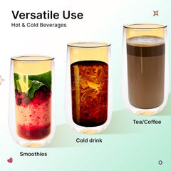 Kuber Industries 2 Pcs Double Walled Borosilicate Glass | High Thermal Resistance | Microwave & Dishwasher Safe | 240 ML | Pack of 1 | Yellow