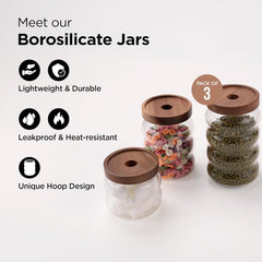 Urbane Home Borosilicate Glass Jar with Bamboo Lid | Multi-utility | Leakproof | Airtight Storage Jar for Cookies, Snacks, Tea, Coffee, Sugar | Set of 3 (340ml, 550ml, 700ml)