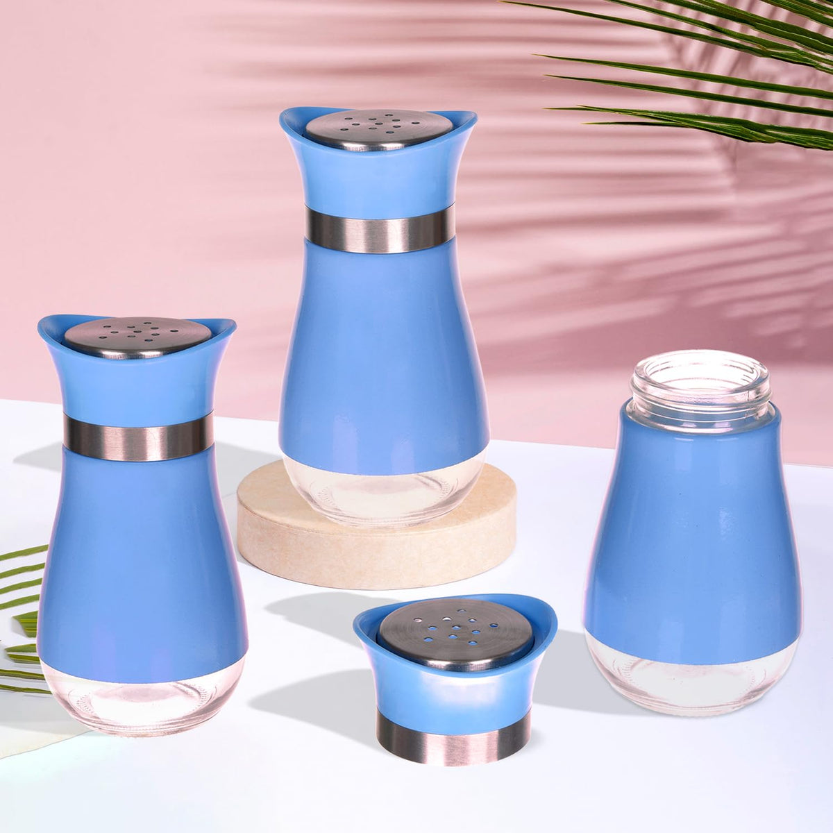 Heart Home Salt Shaker Box | Stainless Steel Pepper Shaker Box | Chilli Flakes Seasoning Sprinkler Box | Namak Daani | Dining Table Masala Box Dabbi | Pack of 3 | Blue