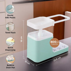 Heart Home 3-in-1 Soap Dispenser (800ml) with Sponge Holder & Towel Rack | Multifunctional Kitchen Accessories Items for Home | Non-Fragile | Blue