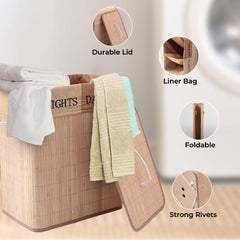 Kuber Industries Bamboo Basket With Lid|Foldable Laundry Basket For Clothes|Durable Rope Handles & Removable Bag|Natural|Pack Of 4
