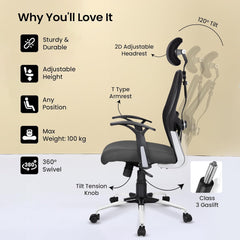 Kuber Industries Ergonomic Office Chairs for Work from Home | Comes with Manual Height Adjustable, Armrest, Headrest & Lumbar Support | Comfy Study Chair for Students with Wheels | Black & Grey Seat