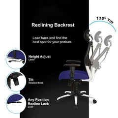 Kuber Industries Ergonomic Office Chairs for Work From Home | Comes with Manual Height Adjustable, Armrest, Headrest & Lumbar Support | Comfy Study Chair for Students with Wheels | Black & Blue Seat