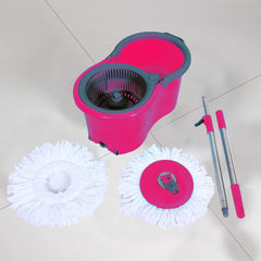 Kuber Industries Plastic Adjustable Mopping Set & 2 Microfiber Head Refill with Wheels Bucket and Auto Fold Handle for Floor Cleaning (Pink)