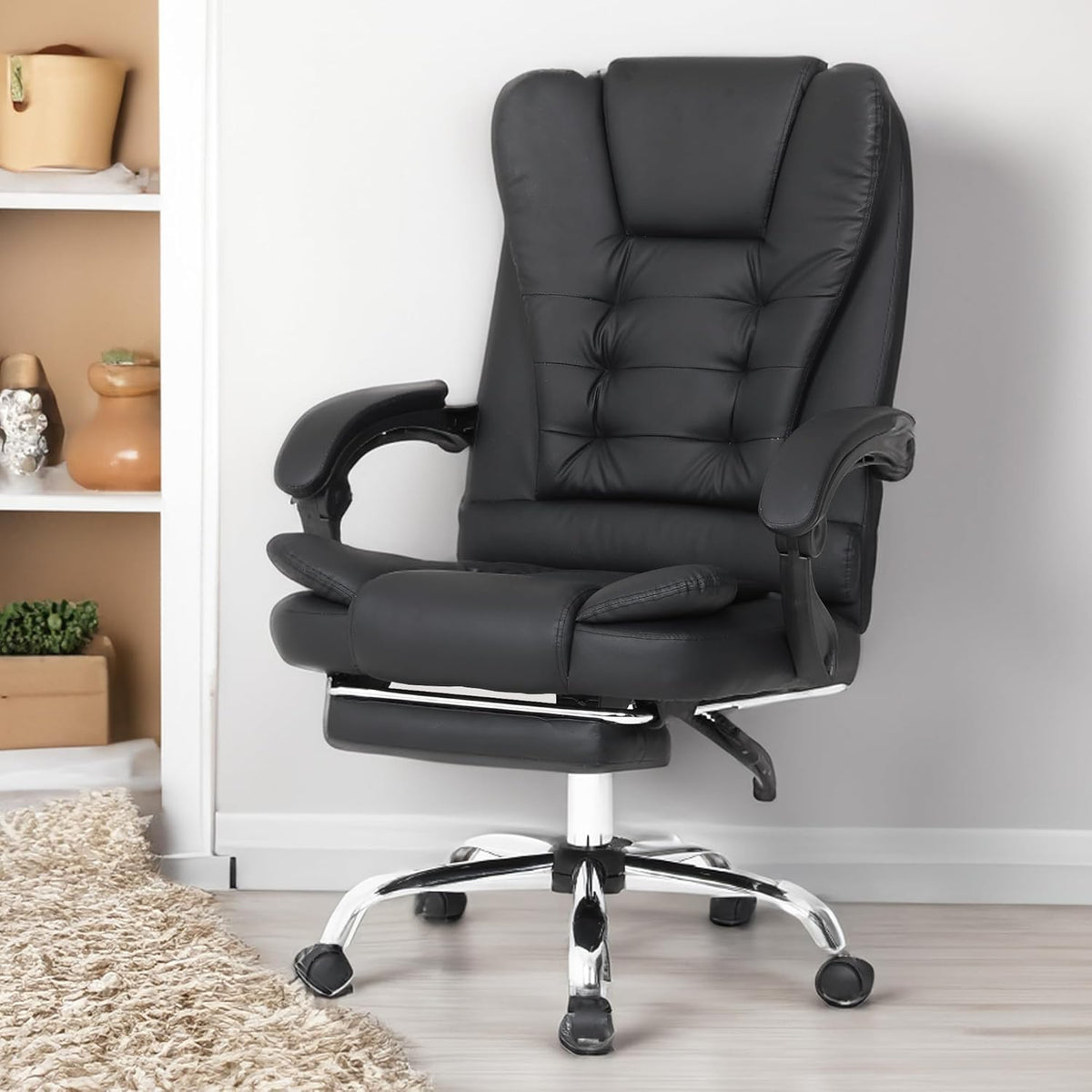 Kuber Industries Leather Office Chairs for Work From Home | Comes with Manual Height Adjustable, Armrest, Headrest & Lumbar Support | Comfy Chair for Students with Wheels & Footrest | Black | 809M-BLK