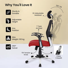 Kuber Industries Ergonomic Office Chairs for Work From Home | Comes with Manual Height Adjustable, Armrest, Headrest & 2D Lumbar Support | Comfy Study Chair for Students with Wheels | Black & Red Seat