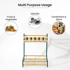 Kuber Industries 2-Layer Dish Drying Rack|Storage Rack for Kitchen Counter|Drainboard & Cutting Board Holder|Premium Utensils Basket (Green & Gold)