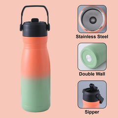 Kuber Industries Pack of 2 Vacuum Insulated Water Bottle | Stainless Steel Sipper Bottle with Handle | Hot & Cold Water Bottle | Leakproof, BPA Free, Rustproof | 780 ML | Orang & Green
