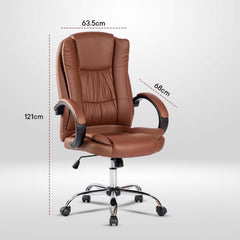 Kuber Industries Ergonomic Leather Office Chairs for Work From Home | Comes with Manual Height Adjustable, Armrest, Headrest & Lumbar Support | Comfy Study Chair for Students with Wheels | Brown