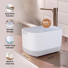 Urbane Home 2 in 1 Press Soap Dish for Kitchen with Sponger Holder | 300 ml | Hollow Design | Durable & Smooth Body | Soap Dispenser for Bathroom & Kitchen | Dishwashing Liquid Dispenser | White
