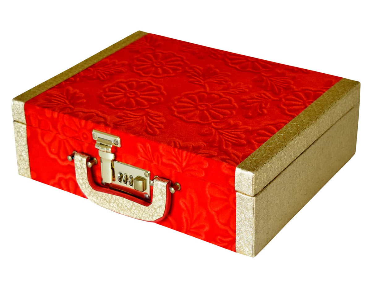 Kuber Industries Flower Design Multipurpose Wooden 3 Rod Bangle Box/Organizer/Case With Number Lock System (Red)-47KM0697