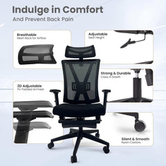 Kuber Industries Ergonomic Office Chairs for Work From Home | Comes with Manual Height Adjustable, Armrest, Headrest & Lumbar Support | Comfy Study Chair for Students with Wheels | Poise Black | 1556F