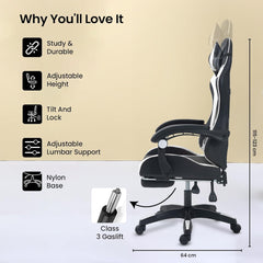 Kuber Industries Ergosmart PC Gaming Chairs with Wheels | Comes with Headrest, Lumbar Support Cushions & Footrest | Comfortable Chair for Long Sitting & Back Pain Relief | 2023-6F-BW-Black & White