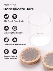 Urbane Home Borosilicate Glass Jar with Printed Bamboo Lid|Kitchen Organizer Items and Storage|Multi-utility, Leakproof, Airtight Storage Jar for Cookies,Snacks,Tea,Coffee,Sugar|Pack of 6(300ml)