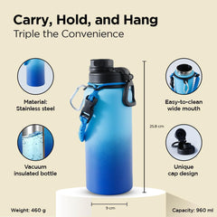 Heart Home Water Bottle | Steel Water Bottle for Daily Use | Vacuum Insulated Flask Water Bottle with Rope | Hot & Cold Water Bottle | 960 ML | LX-230609 | Aqua Blue