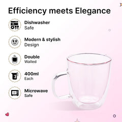 Kuber Industries 8 Pcs Glass Coffee Mugs | Borosilicate Double Walled Glass Mug | High Heat Resistant | Microwave and Dishwasher Safe | 400 ML | Pack of 4 | Pink