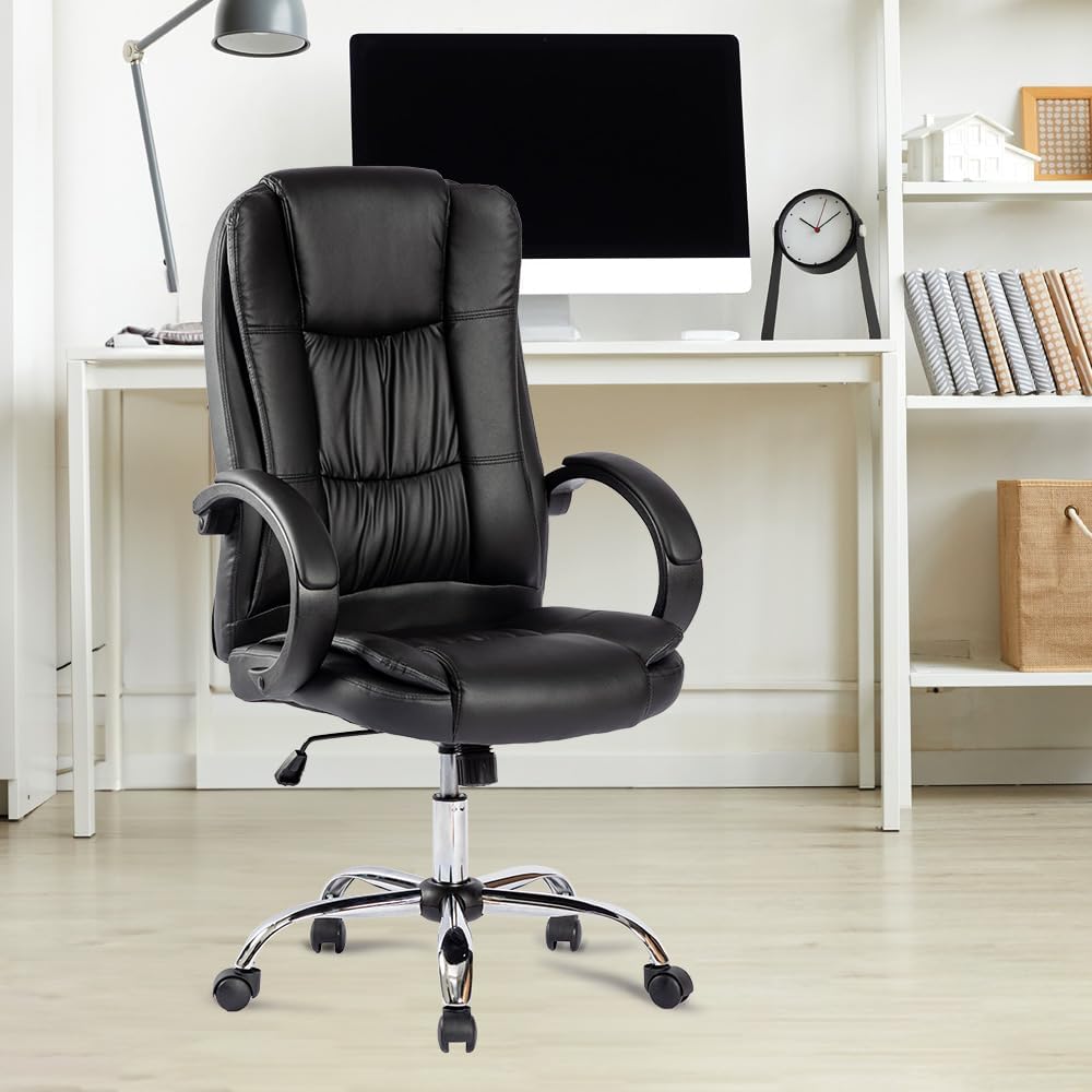 Kuber Industries Ergonomic Leather Office Chairs for Work From Home | Comes with Manual Height Adjustable, Armrest, Headrest & Lumbar Support | Comfy Study Chair for Students with Wheels | Black
