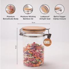 Heart Home Borosilicate Glass Jar with Bamboo Lid | Kitchen Organizer Items & Storage | Multi-utility, Leakproof, Airtight Storage Jar for Cookies, Snacks, Tea, Coffee, Sugar | Set of 2 (1000ml)