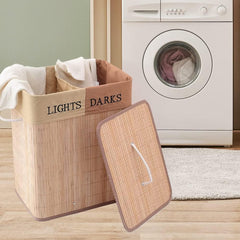 Kuber Industries Bamboo Basket With Lid|Foldable Laundry Basket For Clothes|Durable Rope Handles & Removable Bag|Natural|Pack Of 3