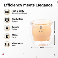 Kuber Industries Pack of 2 Cute Teddy Bear Cups | Heat Resistant |Borosilicate Double Wall Glass Cups | Scratch Proof | 250 ML | Amber