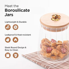 Heart Home Borosilicate Glass Jar with Bamboo Lid | Kitchen Organizer Items and Storage | Multi-utility, Leakproof, Airtight Jar for Cookies, Snacks, Tea, Coffee, Sugar | 620 ml | pack of 3