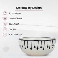 Kuber Industries Ceramic Food Bowl Set | Chini Mitti Bowl | Microwave, Dishwasher Safe Ceramic Bowl | Black Dots & Lining Print - White