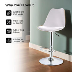 Kuber Industries Revolving Curvy Bar Stool Chair for Kitchen with Footrest & 360 Swivel | 32 inch Height Adjustable High Chair for Breakfast Counter & Cafeteria | High Bar Chair | White