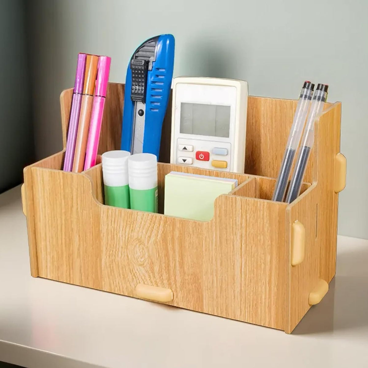 Urbane Home 4 Compartment Pen Stand for Office | MDF Wood Rack | Aesthetic Stationery Stand For Office Table Accessories | Burlywood | 21.1x9.7x13cm
