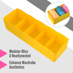 Heart Home Drawer Organizer | Plastic Undergarment Organizer for Socks-Ties | Stackable Drawer Divider Box | Closet Storage Box | 5 Grid Stationery Organizer | Pack of 2 | Yellow
