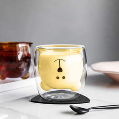 Kuber Industries Pack of 2 Cute Teddy Bear Cups | Heat Resistant |Borosilicate Double Wall Glass Cups | Scratch Proof | 250 ML | Yellow