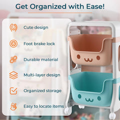 Kuber Industries 2 Layer Smiley Design Children's Storage Rack|Kids Toy Storage Organizer|2-Layer Rolling Cart|Pack of 2|Multicolor|