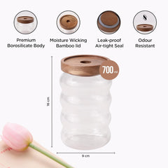 Urbane Home Borosilicate Glass Jar with Bamboo Lid | Kitchen Organizer Items & Storage | Multi-utility, Leakproof, Airtight Storage Jar for Cookies, Snacks, Tea, Coffee, Sugar | Set of 2 (700ml)