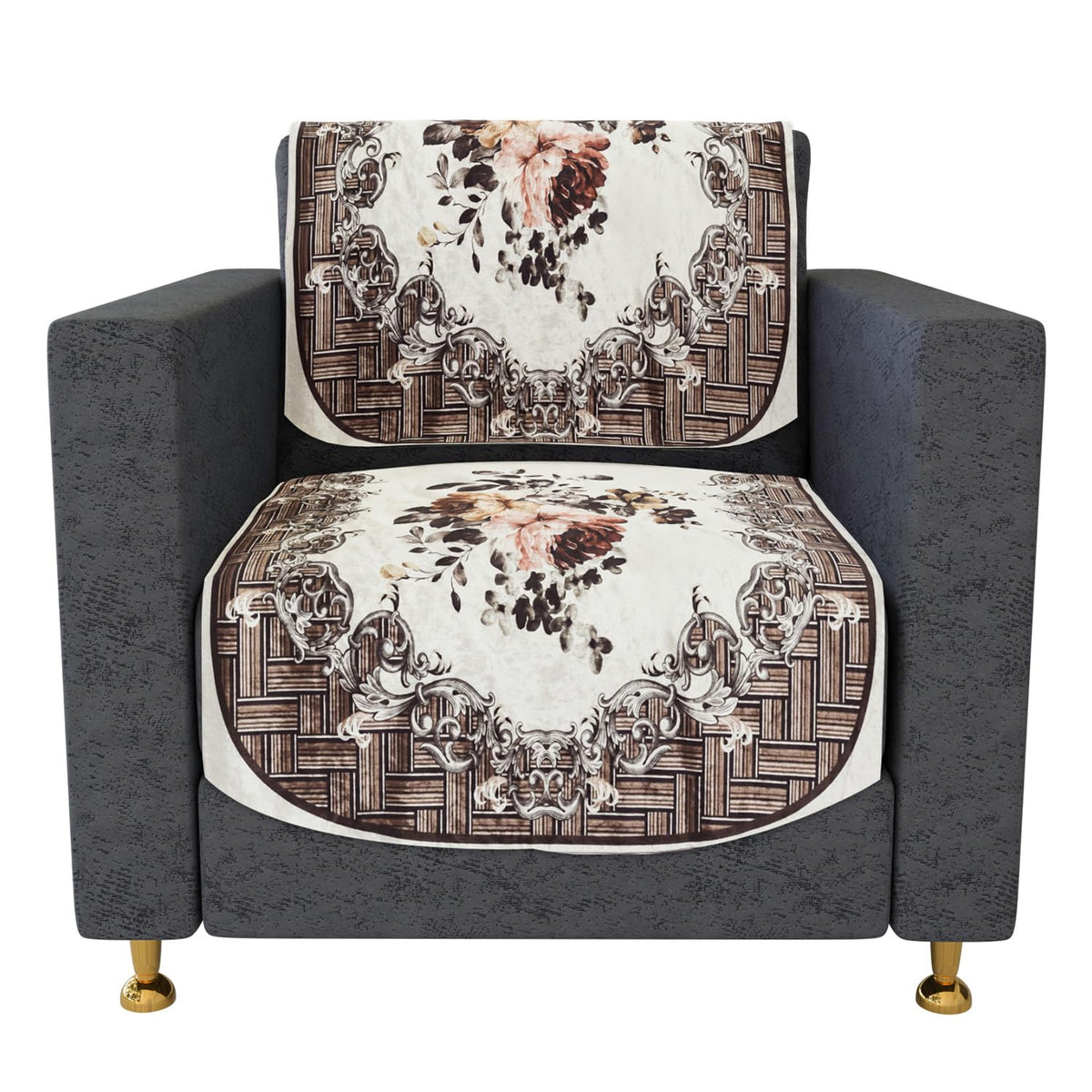 Heart Home Sofa Cover | Single Seater Sofa Slip Cover Set | Check Border Sofa Cover | Velvet Couch Cover | Sofa Slipcover Set | Sofa Cover for Living Room | Brown