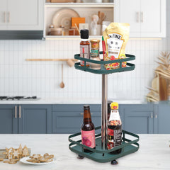 Urbane Home 2-Layer Rotating Spice Rack|Square Shelf For Cabinet Countertop|360-Degree Rotable Kitchen Trolley|Fruit Basket (Dark Green)