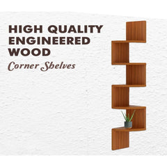 Kuber Industries Durable & Sturday Wooden 5 Tier Zig Zag Corner Wall Mount Wooden Wall Shelf for Bedroom & Living Room | Furniture Wall Rack Shelf for Decor | Walnut