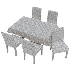 Kuber Industries Set of 7 Waterproof & Oil Repellent Dining Table Chair Cover 6 Seater Full Set | Washable & Dustproof Table & Seat Cover Protector Slipcover | Trellis Pattern Grey