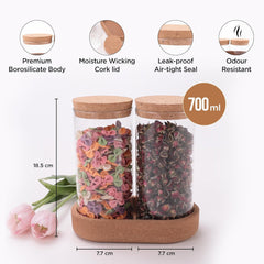 Kuber Industries Borosilicate Jars with Cork Lids & Cork Tray for Kitchen| 700ml | Airtight Glass Containers with lid | Kitchen Organization Items & Storage | Multipurpose | Transparent | Pack of 2