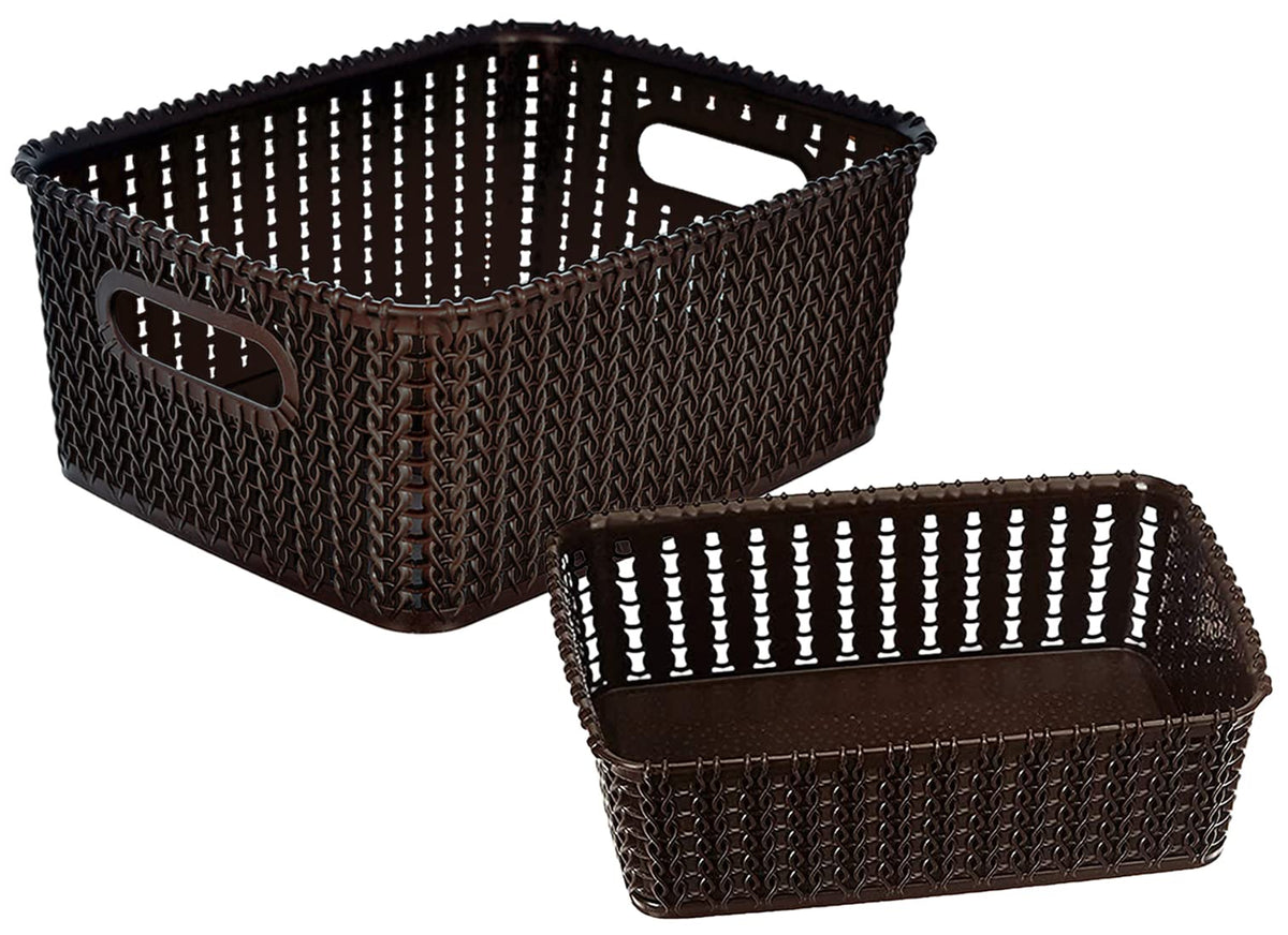 Heart Home Multipurposes Large & Small Size M 20-15 Plastic Basket, Organizer for Kitchen, Countertops, Cabinets, Bathroom Without Lids- Set of 2 (Brown) -46KHH0134