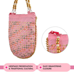 Heart Home Potli | Silk Wedding Potli | Wallet Potli | Christmas Gift Potli | Baby Shower Potli | Traditional Embroidery Potli | Shagun Potli | Double Handle Zip-Potli | Pink