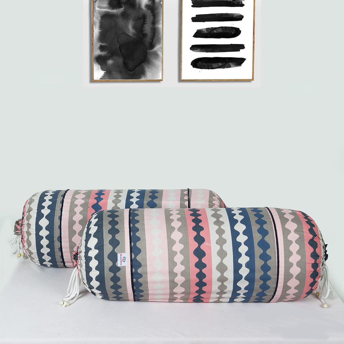 Heart Home Bolster Covers | Soft Cotton Bolster Cover Set | Diwan Round Bolster Pillow Covers | Zig Zag Design Roll Masand Cover | 16x32 Inch | Pack of 2 | Multicolor
